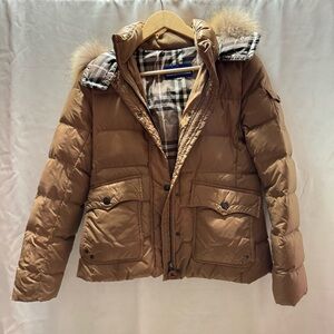 Burberry Brown Plaid Jacket with Fur Trim